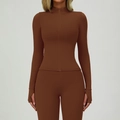 Women's slim-fit chocolate brown yoga tracksuit set with zip jacket and leggings - S / Tops / Sand Brown
