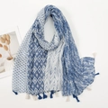 Bohemian Schal aus Baumwolle und Leinen mit blauem Geometriemuster und Quastenkante - Blau Weiß Geometrisches Patchwork (XB1044)