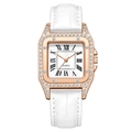 Women's rose gold square quartz watch with crystal bezel and white leather strap - White