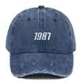 Casquette baseball 1987 vintage en denim délavé avec bordure usée et broderie bleu marine - Bleu Marine Distressed