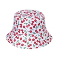 White bucket hat with vibrant cherry print featuring green leaves in a soft cotton fabric - White Pink Cherry (O)
