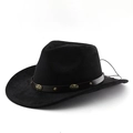 Dettaglio cappello cowboy in pelle scamosciata nera con borchie in bronzo vintage su cuoio - M (56-58cm) / Stile Borchiato Motivo Sole / Nero