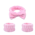 Pink plush microfiber headband with large bow and matching wrist washbands set - Pink Headband & Wristbands Set