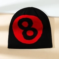 Detailed view of black knitted beanie with a red number 8 pool ball graphic patch - M (56-58cm) / Black Red