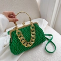 French emerald green pleated cloud bag with vintage gold handle and chain strap - Green