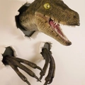 Resin velociraptor head and claws wall mount statue with realistic scale texture - Brown Green