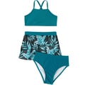 Three-piece girls' swimsuit set in teal with tropical palm leaf print mesh skirt - 152 / Teal Split
