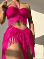 Three-piece bikini set with hot pink tassel top and side slit wrap skirt beachwear - S / Rose Red