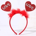 Detailed view of red sequin heart headband with feathers and silver LOVE lettering - Style 14 Heart (LOVE Glitter + Feather)