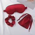 Three-piece dark red faux silk sleep set including eye mask, scrunchie, and storage bag - Burgundy