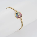 Gold stainless steel chain bracelet featuring a round pendant with a colorful letter T - Abalone Shell / Letter T / Colorful