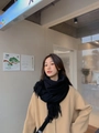 Classic black cashmere scarf with fringe details styled with a beige coat for winter - Tassel Style / 260g (200x70cm) / Black