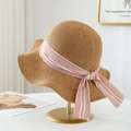 Chapeau de soleil en paille tricotée pour femmes avec nœud élégant et bord ondulé - M(56-58cm) / Ruban à Carreaux Rose Blanc - Kaki (3 Sac Papier Quadrillé)