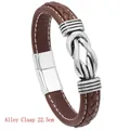 Brown braided leather bracelet for men with silver alloy magnetic buckle and knot detail - 22.5CM / Brown