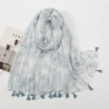 Detail of floral printed voile scarf with blue tassels and soft artistic patterns - White Base Artistic Blue Flower Style (XB955)