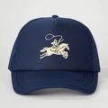 Detail view of the embroidered cowboy on a navy mesh trucker cap with curved brim - Adjustable / All Navy Blue