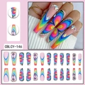 Rainbow butterfly press-on nails with rhinestones in a long coffin shape design - Pink Nude Butterfly Pattern Rhinestone Style (CBLCY-146)