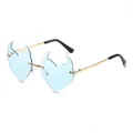 Unique blue heart-shaped rimless sunglasses with devil horns and gold metal frame - Gold Light Blue