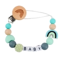 Rainbow pacifier clip with beech wood, mint silicone beads and crochet balls - 6# (Mint Green Grey)