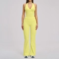 Women's bright yellow yoga set featuring a halter V-neck top and flared high-waist pants - 3109 Vest + 3109 Flared Pants - Pale Yellow