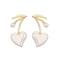 Detailed close-up of cherry heart-shaped pearl earrings with elegant golden leaf stems - Gold Small Heart Cherry