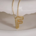 Gold plated letter F pendant necklace with pavé zircon crystals on a box chain - Letter F (Box Chain)