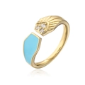 Detailed view of adjustable gold-plated ring with blue enamel and zircon inlay - Adjustable Open / Sky Blue