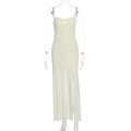 Dettaglio dell'abito a corsetto crema con bustino arricciato e bordo in mesh plissettato - S / Bianco Sporco