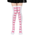 Detail of white over-knee socks featuring pink cross bone patterns and knitted texture - One Size / Rose Red Bone/White