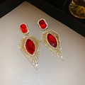 European vintage style red gemstone earrings set in a golden hollow geometric frame - Silver Earring Post-Gold-Red