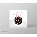 Square birthday card with chocolate cake illustration and 8cm x 8cm size label - Chocolate Cake Birthday