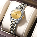Close-up of luxury gold and silver dual-tone quartz watch with diamond markers - Gold Band Gold Dial Women