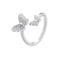 Macro detail of silver adjustable ring featuring dual butterfly design with cubic zirconia - VJ483 Silver (Double Butterfly)