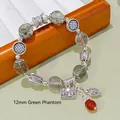 12mm Green Phantom Quartz bracelet with vintage silver charms and red agate drop - Green Ghost: Longevity and Riches Safe Journey Bracelet