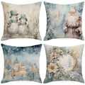 Set of four watercolor Christmas linen pillow covers with snowmen and Santa designs - Hand-painted Watercolor Winter Illustration Set