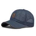 Navy blue breathable full mesh baseball cap with brown leather patch for sun protection - Adjustable / Navy Blue