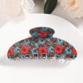 Light blue floral hair claw clip with vintage red flower patterns and spring daisy design - Light Blue Floral