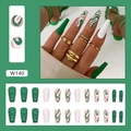 Green and white marble swirl ballerina press-on nails with long coffin shape style - Fresh Ripple (W140)