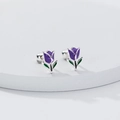 Exquisite S925 silver tulip stud earrings with purple glaze petals and secure screw back - 925 Silver / Purple