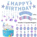 Mermaid party decoration kit with Happy Birthday banner and blue purple ocean hangers - Mermaid (Banner, Swirls, Large Topper, Small Toppers, Wrappers)
