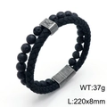 Men's double-layer leather and black lava stone bead bracelet with vintage metal clasp - Antique Black Lava Stone (Yi Character) (KB136647-KFC)
