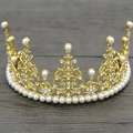 Elegant gold bridal crown featuring white pearls and sparkling rhinestones for kids - Alloy Large Gold 021