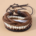 Multilayer bohemian PU leather bracelet with wooden beads and woven ropes in brown - Brown Braided Wood Bead Multi-layer Style (015073429)