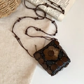 Detail of bohemian coconut shell flower crossbody bag with wooden beads and mesh - Square Blue Flower Style