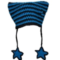 Cat ear knit beanie in black and blue stripes featuring star pendant charms - Adult 56-59cm / Blue Black Patchwork