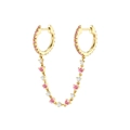 Macro detail of 14K gold double hoop chain earring set with pink and white gemstones - Pink (Gold) Single Piece