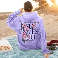 Purple oversized hoodie featuring cherry blossom back print and Jesus Loves You text - S / Lavender