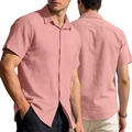 Men's casual short sleeve button-up shirt in light pink with cotton linen texture - S / Lotus Pink