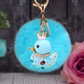 Cute blue plush duck keychain with pink crown and sparkling crystals on golden metal ring - Single OPP Bag Packaging / Blue Duck + Sky Blue Plush Ball
