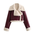 Short burgundy fleece-lined biker jacket with cream faux fur collar and trim - XS / Burgundy